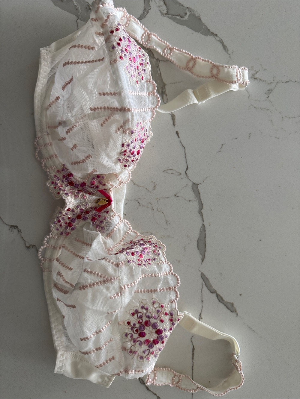 Women’s Ivory Lace Bra with Pink Embroidery